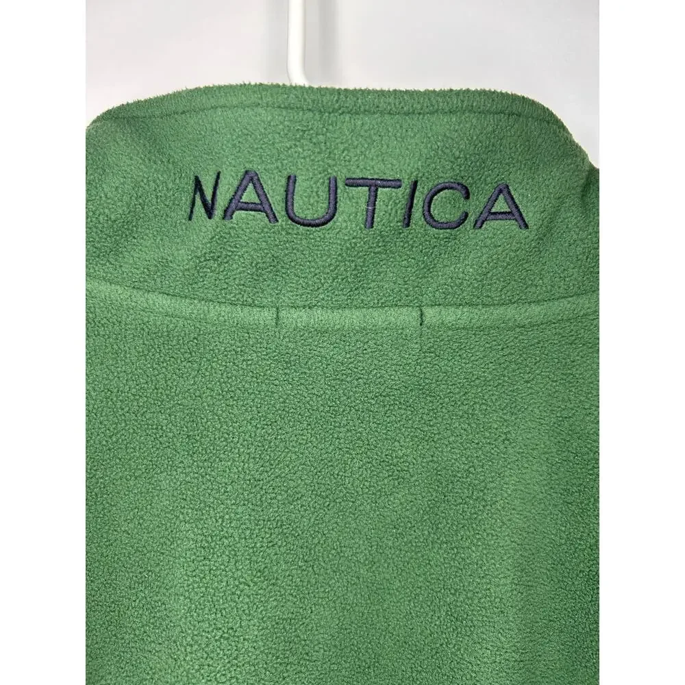 Nautica Men's XL Green Quarter Zip Fleece Pullover Navy Trim Embroidered Logo